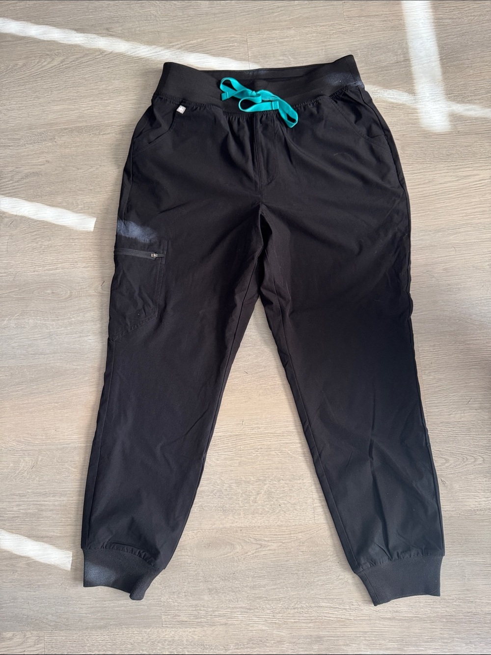 Figs Black Jogger Scrub Pants with Teal Drawstring - Picture 3 of 4
